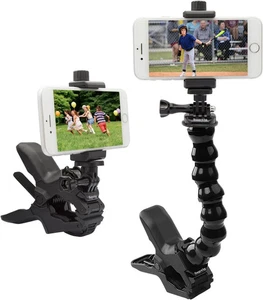 Black Suptig phone holder with clamp arm and mount, shown on white background with kids playing baseball.