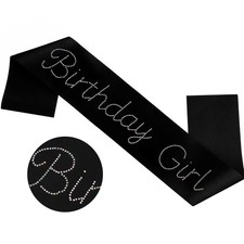 Birthday Girl Sash, Black Rhinestone Party Sash for Girls Birthday Celebratio...