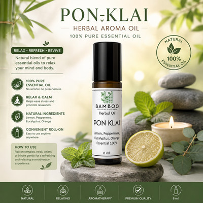 PON-KLAI Pure Herbal Oil 8ml Roller Essential Oil Blend Thai Aroma Cool Relaxing
