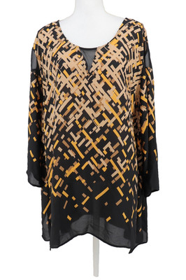 Catherines Chiffon Tunic Blouse Womens 4X Geo Black Brown 3/4 Sleeve Career New