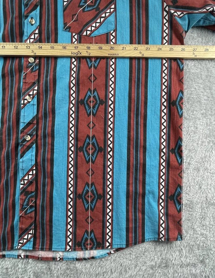 Винтажная мужская рубашка John Blair 2XL бирюзово-красная ацтекская с геометрическим узором сделано в США 90-е - Изображение 3 из 4