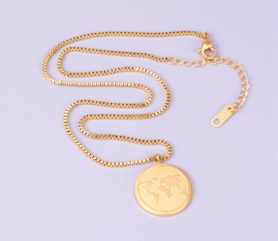 Hip Hop Fashion Gold Plate Titanium Stainless Steel Map Gold Coin Necklace 16-18