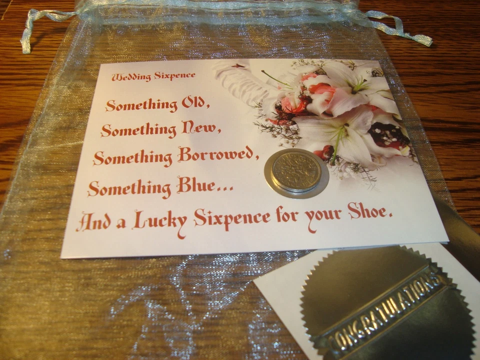 1967 British WEDDING SIXPENCE Keepsake Coin, Lg Presentation Post Card & Pouch b