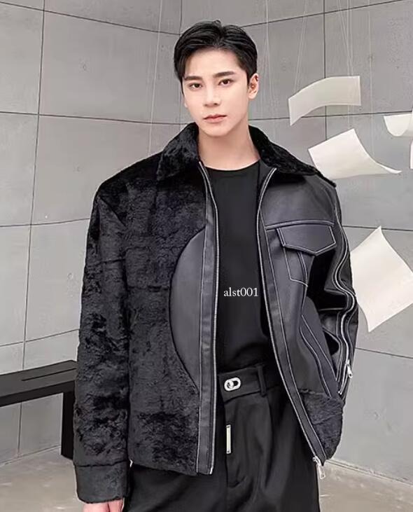ジャケット・アウター ok.soon faux leather half coat Men's Lapel Warm Fur Faux Leather Punk Zipper Short Coat