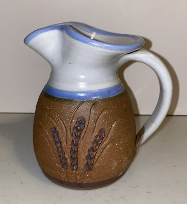 Steve Ashley Pottery Pitcher Stoneware Terra Cotta Blue Glaze Wheat Vintage 1996