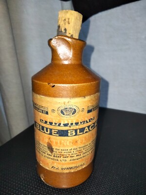 antique stephens blue black stonewear ink bottle with cork