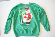 Vintage Hanes Her Way Women's L Green Christmas Sweatshirt Snowman Puffy Paint