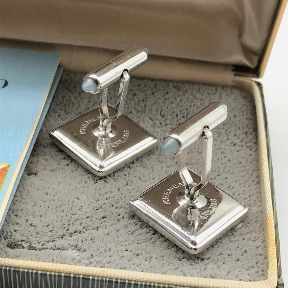 Gemelos cuadrados gruesos grabados en estrella de plata de ley 925 Krementz vintage con caja Foto 4 de 4