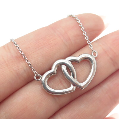 925 Sterling Silver Vintage Couple of Hearts Cable Chain Necklace 