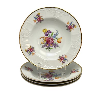 Thun Bernadotte Floral Rimmed Soup Bowl Gold Trim Embossed Rim 9-3/8 4Pc Set