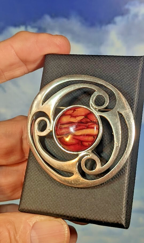 Vintage Celtic Pewter Glass Agate Brooch, in Gift Box. 52mm - Picture 5 of 10