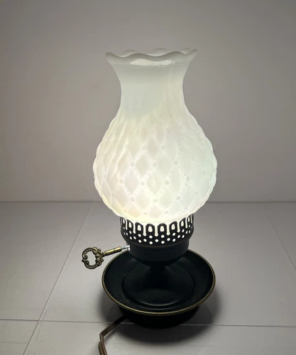 Vintage Milk Glass Electric Lamp Bronze Look Bottom Key Switch 11” Tall