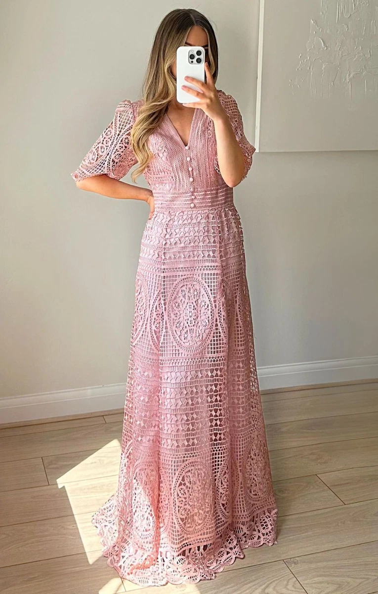 knee length dresses for ladies Oasis Pink Premium Lace V Neck Maxi Dress main image 0