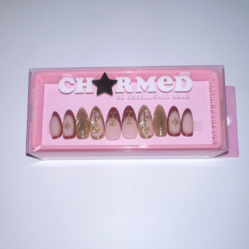 Salon Perfect 3D Embellished Almond Long Press-On Nails Gold/Nude/Burgundy Stars