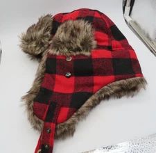 Swiss Tech Red & Black Buffalo Plaid Trapper Hat with Ear Flaps Lumberjack 1 Sz