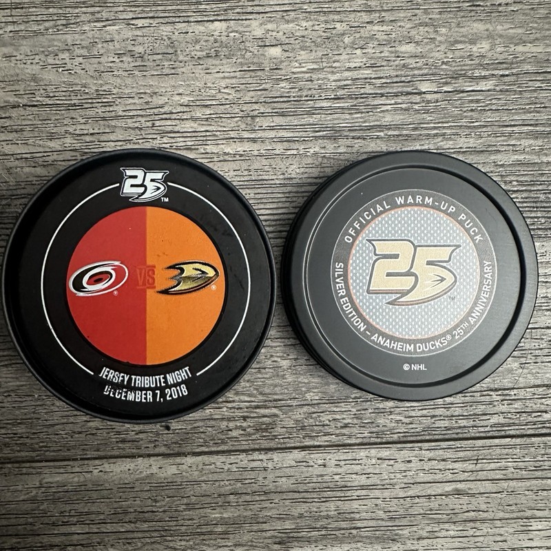 Anaheim Ducks Used Warm Up Puck Vs Hurricanes Stadium Series Jersey 25th Tin Can