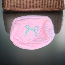 Pink Quilted Makeup Bag with Bow  Zipper Fabric Pouch Organizer