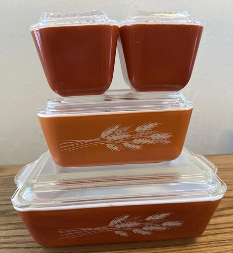 Vintage Pyrex Autumn Harvest Wheat Refrigerator Dish Set 501 502 503 - Nice!