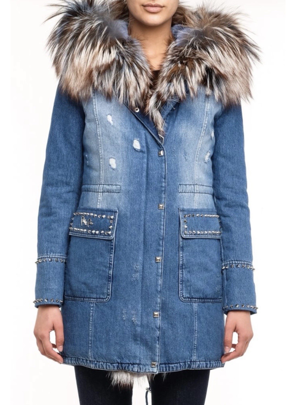 Philipp Plein Blue Denim Parka Coat Faux Fur Hood Studded Women's Size S