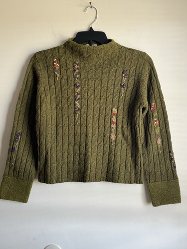 Maglione donna IVY vintage anni '80 tg. Fiori ricamati verde oliva Med