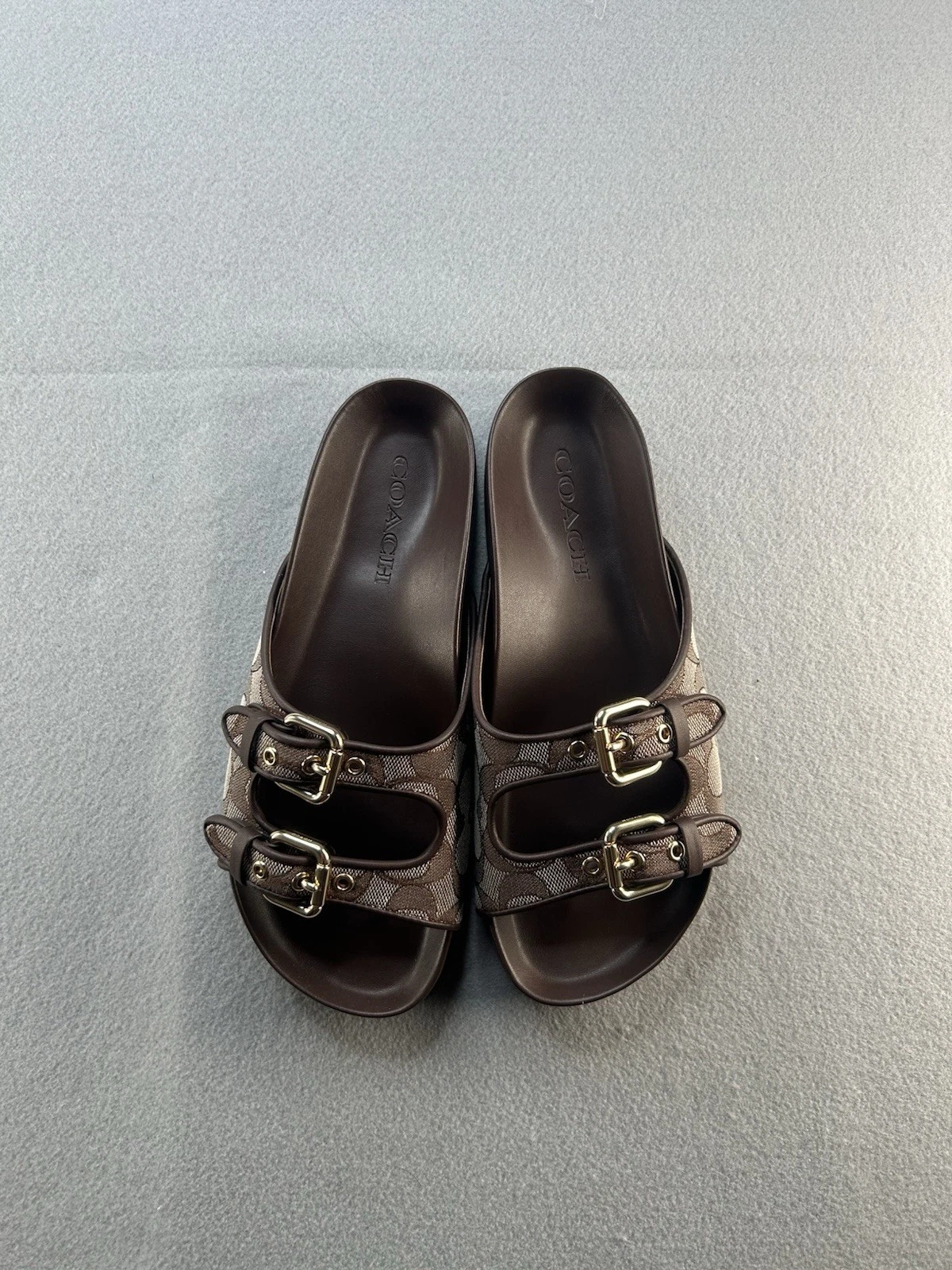 Coach Signature Jacquard Two Band Buckle Slide Sandals Oak Maple Size 7.5 NWT