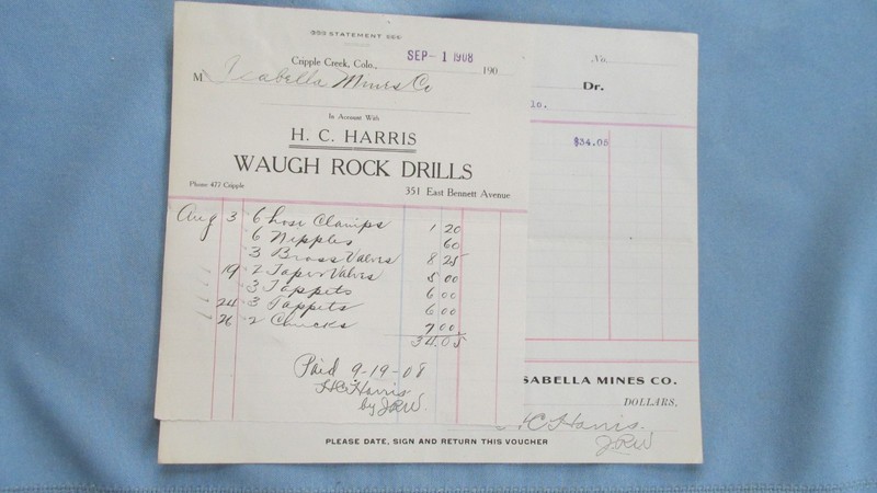 1908 Cripple Creek Colo. H. Harris Waugh Rock Drills Billhead-Isabella Mines
