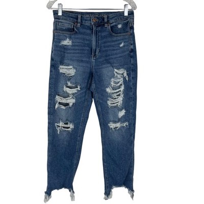American Eagle Mom Stretch Jeans Womens Size 6 Blue Destroyed Shark Bite