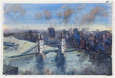 Daniel Nichols - Contemporary Watercolour, Aerial View of Tower Bridge