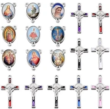 60Pcs/30Set Rosary Kits Cross and Center Medal Charms Alloy Religion Enamel P...