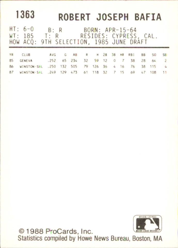 Bob Bafia 1988 ProCards #1363 RC Pittsfield Cubs *AutographDen* - Image 2 of 2