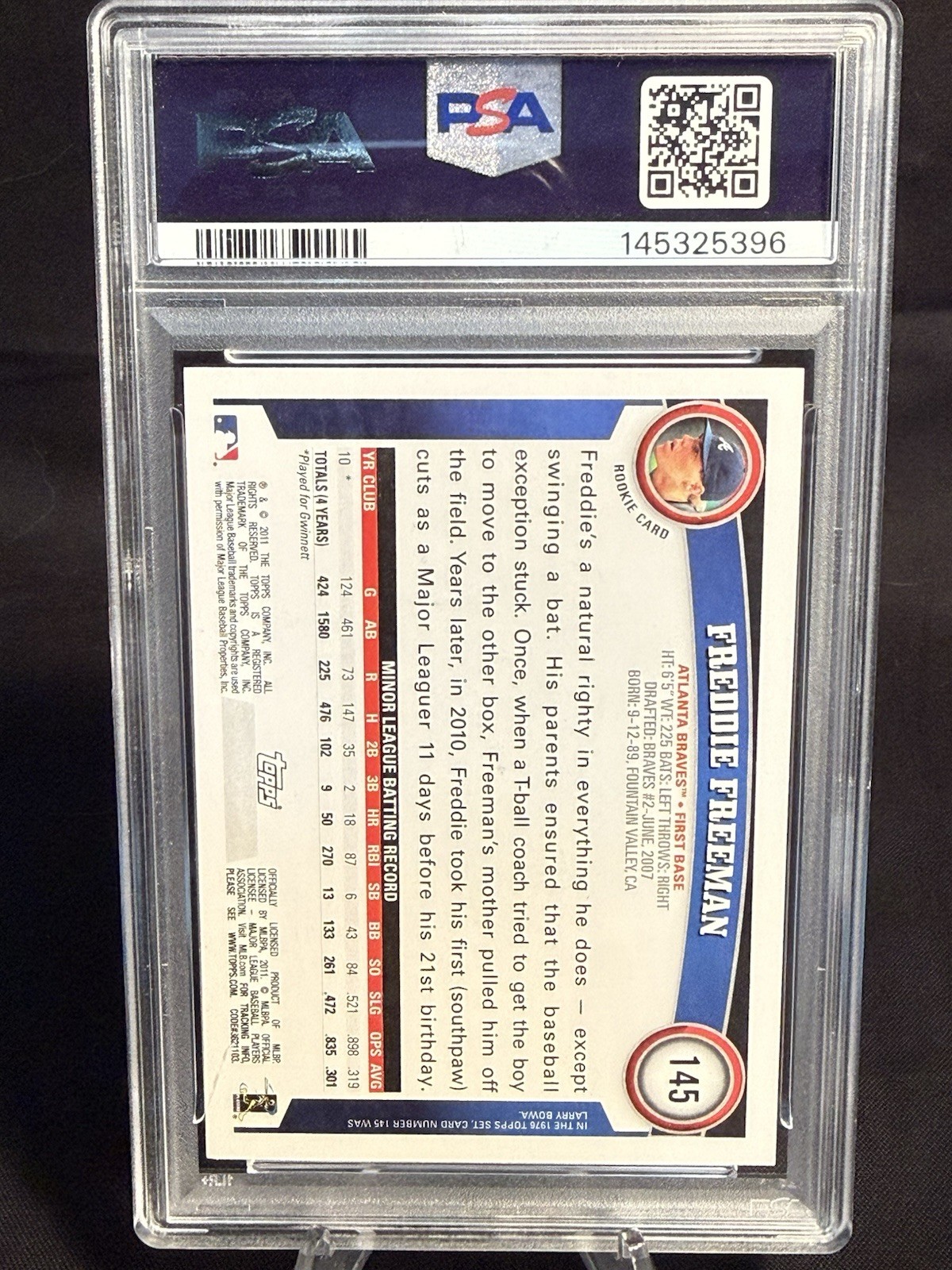 2011 Topps Freddie Freeman Rookie Card #145 PSA 10 GEM MINT Atlanta Braves RC view 2