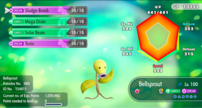 Pokemon Let's Go Pikachu/Eevee 6IV Max AV Shiny Bellsprout