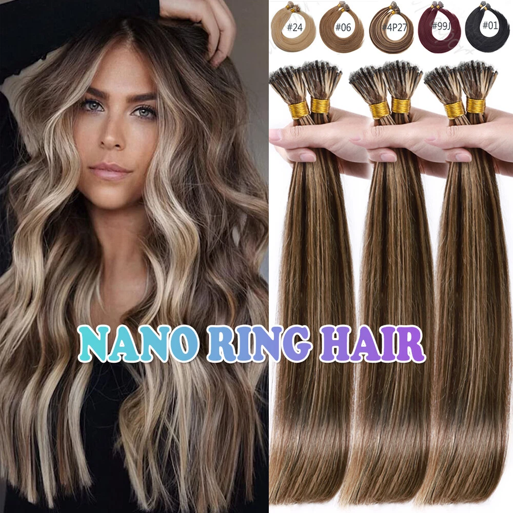 My-lady Nano Ring Beads Human Hair Extensions Micro Loop Tip Russian Hair Highlight Hairpiece 16 inch-24 inch, Size: 18=50g, Brown