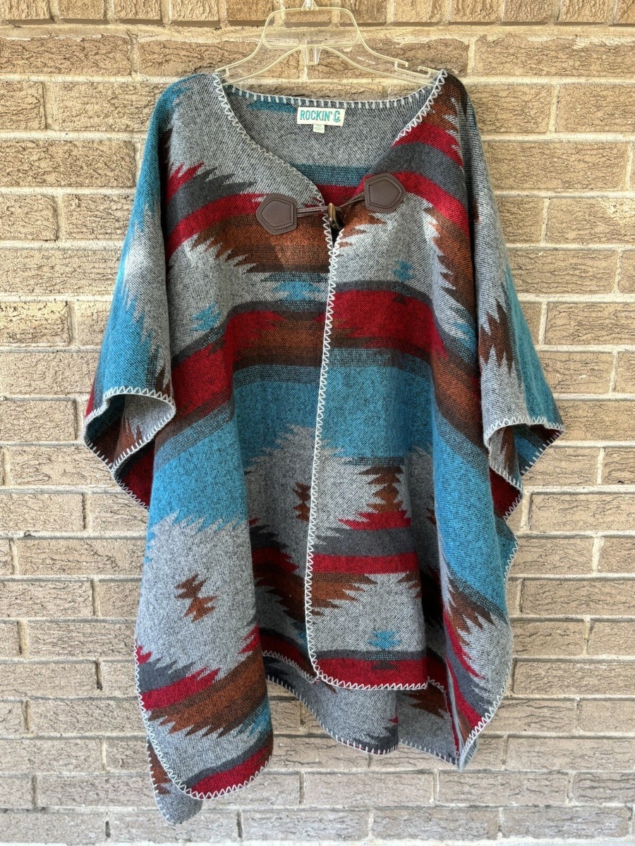 Women’s Rockin’ C Poncho Southwestern Aztec Shawl Sweater Jacket Sz OS  Fleece