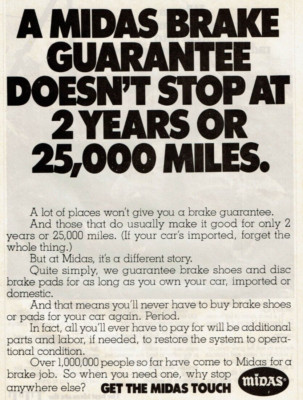 1982 Vintage Print Ad A Midas Brake Guarantee Doesn't Stop at 2 Years 25k Miles