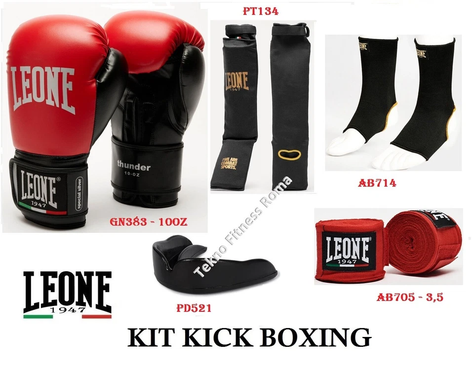 LEONE 1947 KIT KICK BOXING LEONE GUANTONI 10OZ+PARATIBIA+CAVIGLIERE+FASCE+PARADENTI
