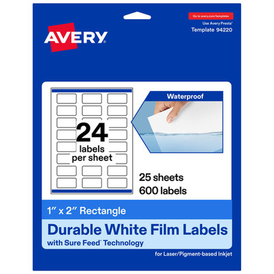 Avery Printable Durable White Rectangle Labels Sure Feed Technology 1 X 2
