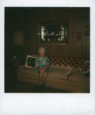 Old Vintage Photo COLOR POLAROID SOLO OLDER ELDERLY WOMAN GLASSES SOFA COUCH