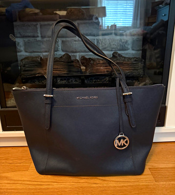 Michael Kors Women s Navy Tote Zip Top Double Handles Silver Hardware MK Charm