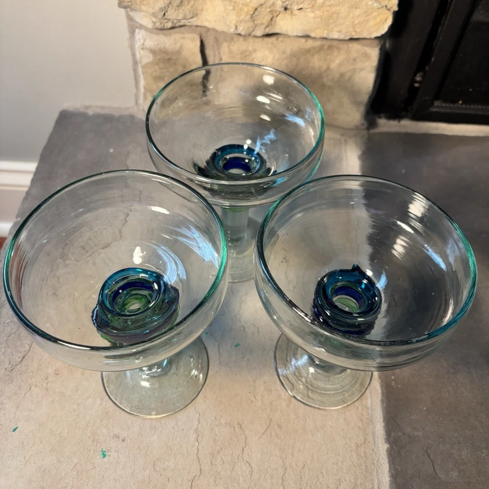 3 Vasos de Margarita Soplados a Mano México Azul Verde Cuello Espiral Fiesta Cinco de Mayo Foto 4 de 4
