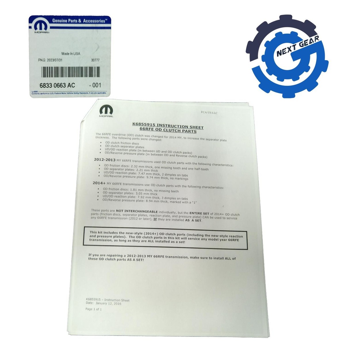Mopar Automatic 66RFE Transmission Overhaul Kit w/ Gaskets
