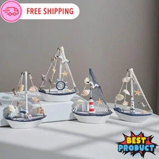 1pc Ocean-Style Shell Crack Boat Ornament Creative Wooden Handicraft Sailboat