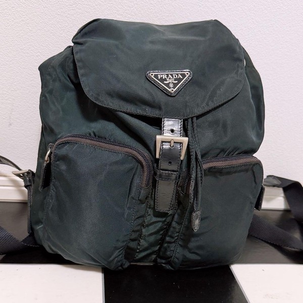PRADA Nylon Backpack Navy Authentic Logo Shoulder Bag for Women