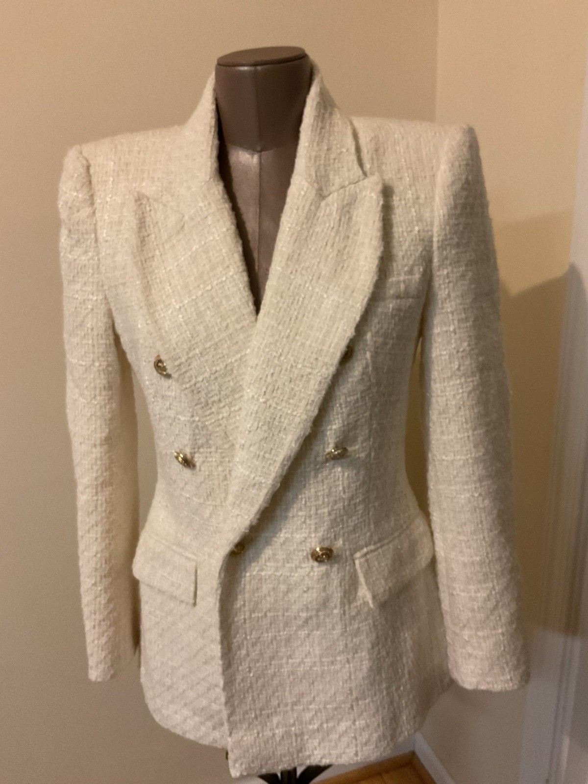 ZARA Cream Textured Tweed DOUBLE-BREASTED BLAZER, Size Medium