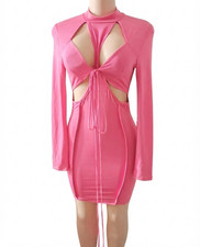 Pink Solid High Neck Cutout Tie Bodycon Mini Dress Long Sleeve Party M