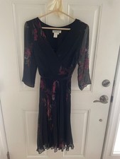 Coldwater Creek Black Silk Mid Tea Length Dress With Flowers and Beads Size 6