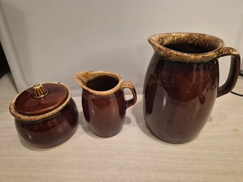 Hull USA Pottery Lot Brown DRIP GLAZE Pitchers -6 3/4” & 4 1/2" and Sugar bowl