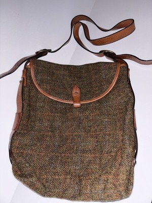 Harris Tweed Indeed Wool Brown Plaid Leather Straps Trim Crossbody Bag Purse