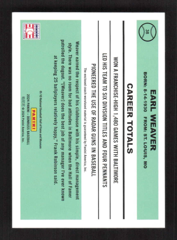 Earl Weaver 2024 Donruss Retro 1984 Materials Red #/99 #38 - Image 2 of 3