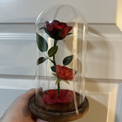 Rose In Glass Flower Dome Wood Base Pre-Drilled for Lights Beauty & The Beast